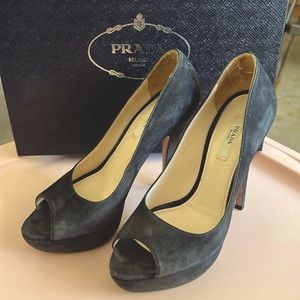 Prada Calzature Donna open toe suede platform heels.